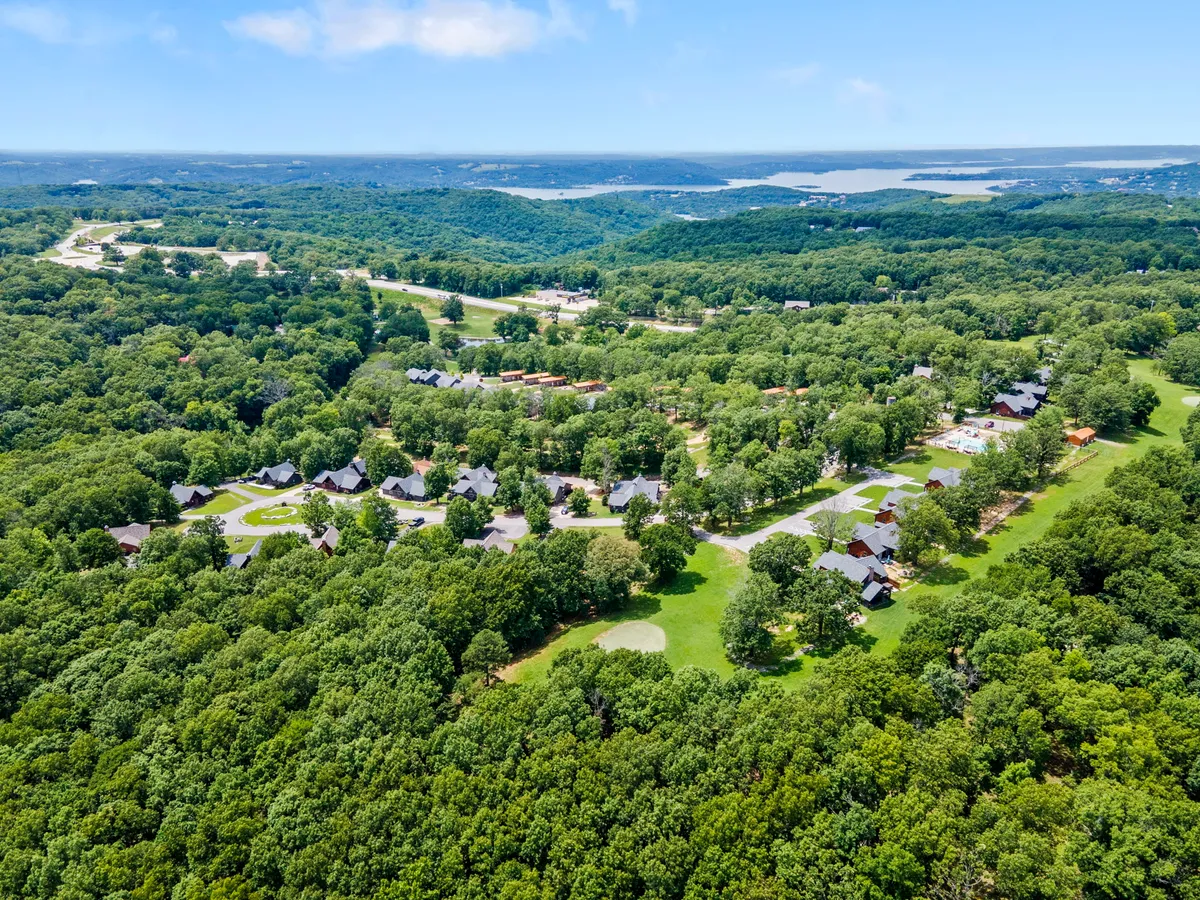 A sweeping aerial view showcases a lush, green residential community surrounded by trees, a distant water body, and winding roads. The scene reflects a peaceful neighborhood with nature trails and open spaces, hinting at communal gatherings and seasonal events.