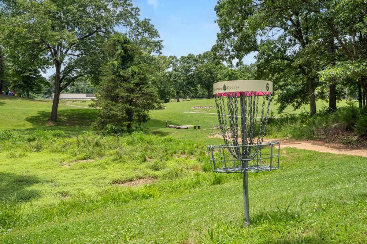 A disc golf basket is set in lush green grass, flanked by trees and a walking path. The area feels open and inviting, emphasizing outdoor adventure and recreation.